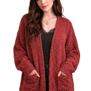 Zesica Large Red Popcorn Knit Cardigan Oversized Open Front Cozy Boho